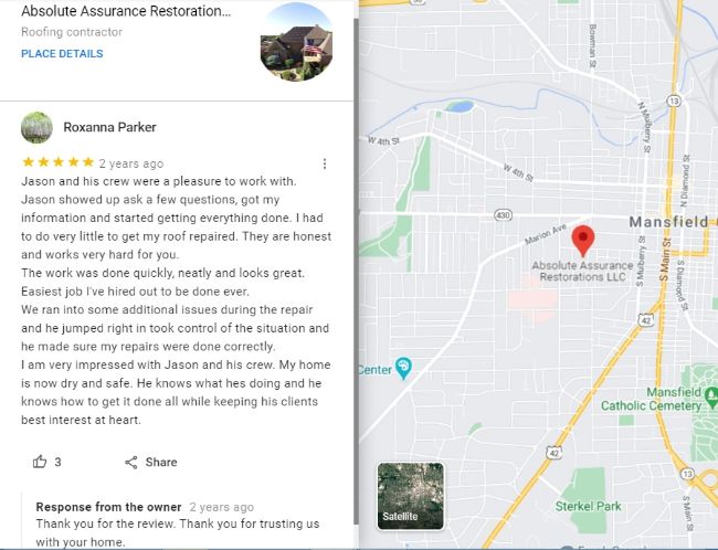 Review by customer praising Absolute Assurance Restorations Roofing Contractors in Mansfield Ohio