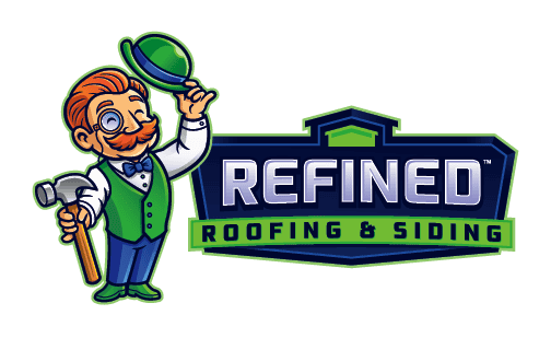 Company logo featuring a cartoon roofer holding a hammer and hat, with the Refined Roofing & Siding.