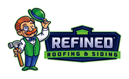 Refined Roofing & Siding logo with a cartoon builder character holding a hammer and hat.