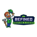 Refined Roofing & Siding logo with a cartoon builder character holding a hammer and hat.