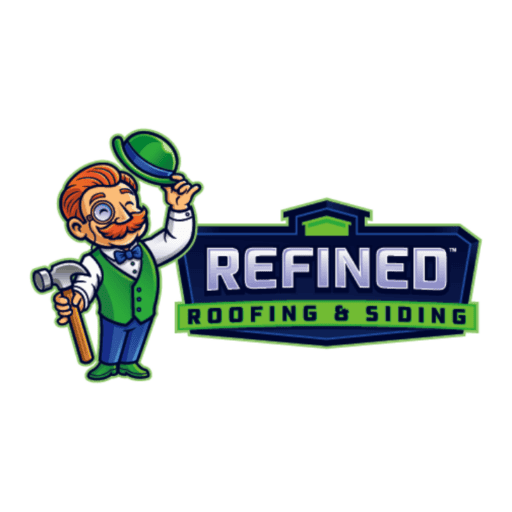 Refined Roofing & Siding logo with a cartoon builder character holding a hammer and hat.