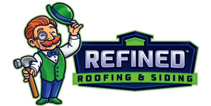 Refined Roofing & Siding logo with a cartoon builder character holding a hammer and hat.
